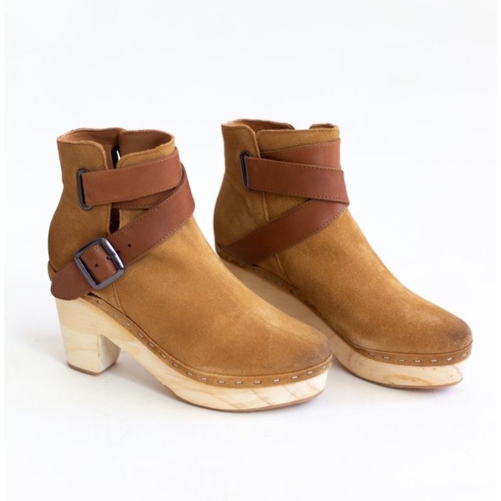 Free People Sz 40 (10) Bungalow Clog Ankle Boot Tan Suede Leather 70s Wood Heel